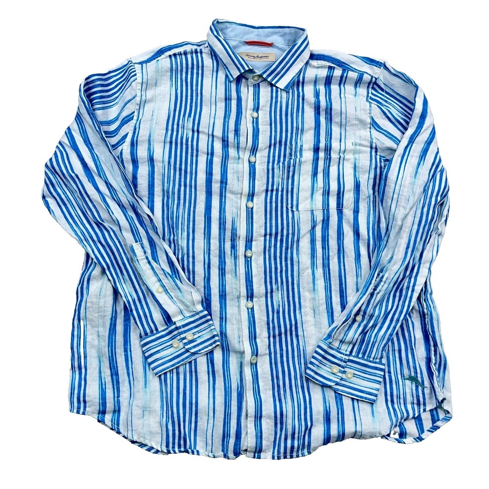 Tommy Bahama Shirt MenXL Blue Striped Linen Button Up Camp Beach Preppy Vacation